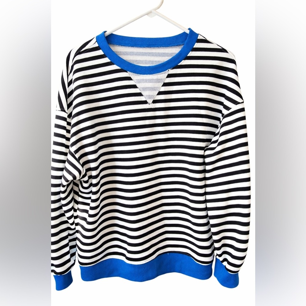 Women’s Oversized Striped Knit Sweatshirt Slouchy Boxy Nautical Preppy L - Picture 2 of 5